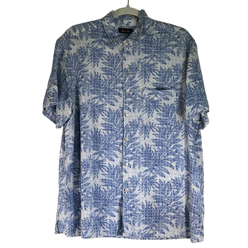 Tasso Elba Men's XL Silk Rayon Blue Floral Print Short Sleeve‎ Button Down Shirt